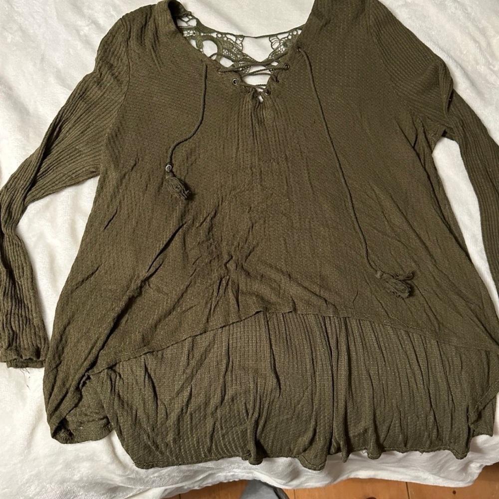 Olive Green Women's Top with Lace-Up Detail